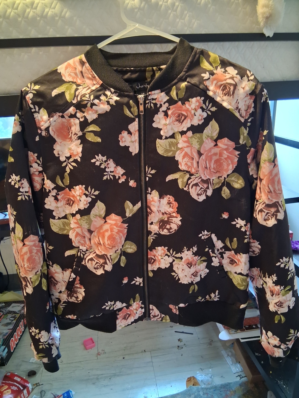Justify Black Floral Bomber Jacket with Pink & Green Roses